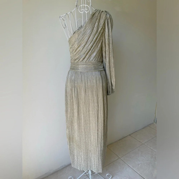 SAYLOR Alora Plisse’ Metallic One Shoulder Goddess Gown EUC XS Silver/platinum - Picture 6 of 15